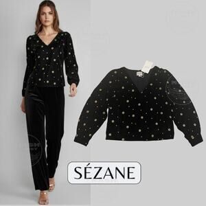 Sézane 36 Galeo Velvet Blouse | Black Gold Embroidered Flowers, US 4 S, NWT